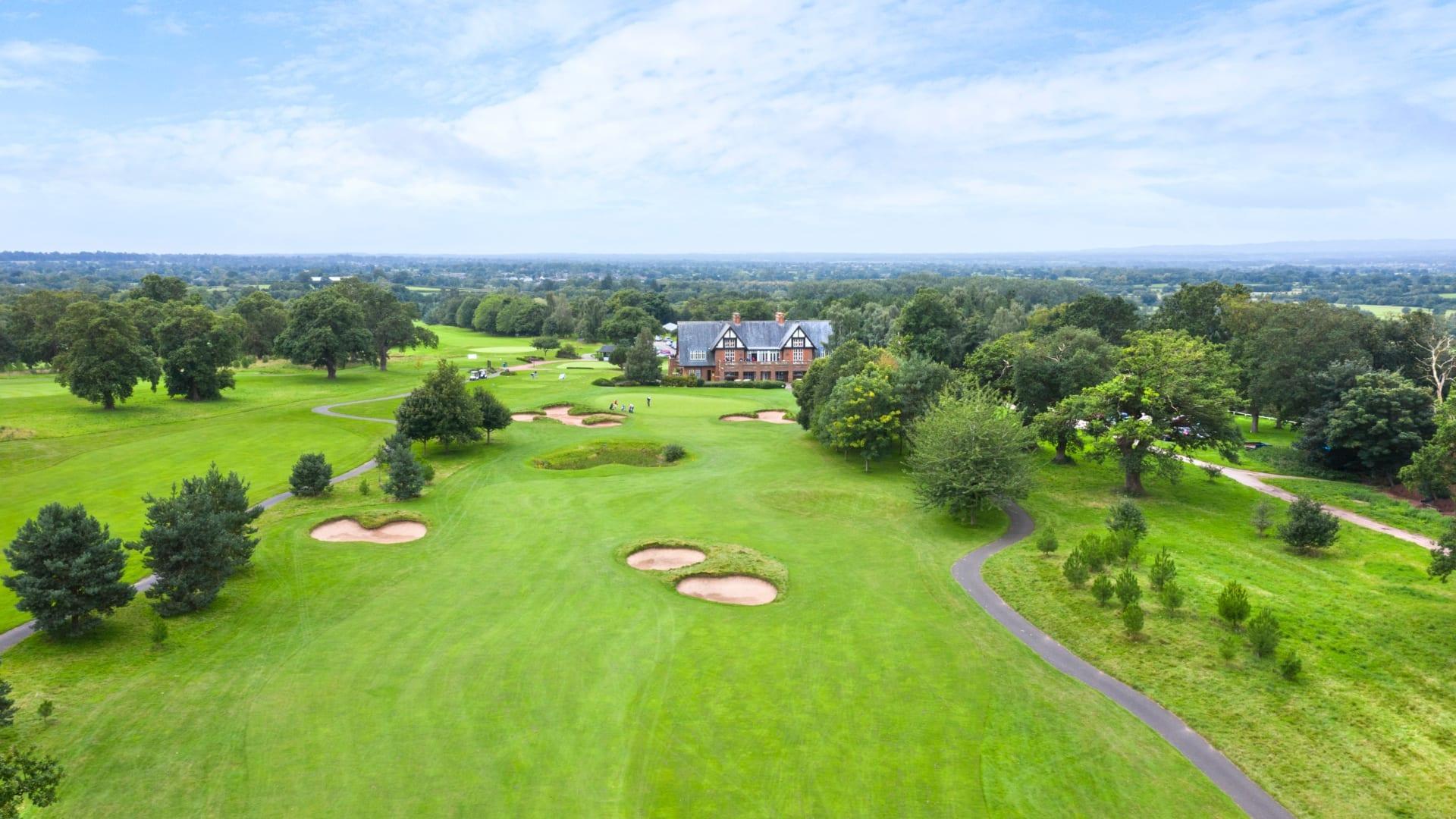 Aerial view of the course with the Carden Park clubhouse in the background