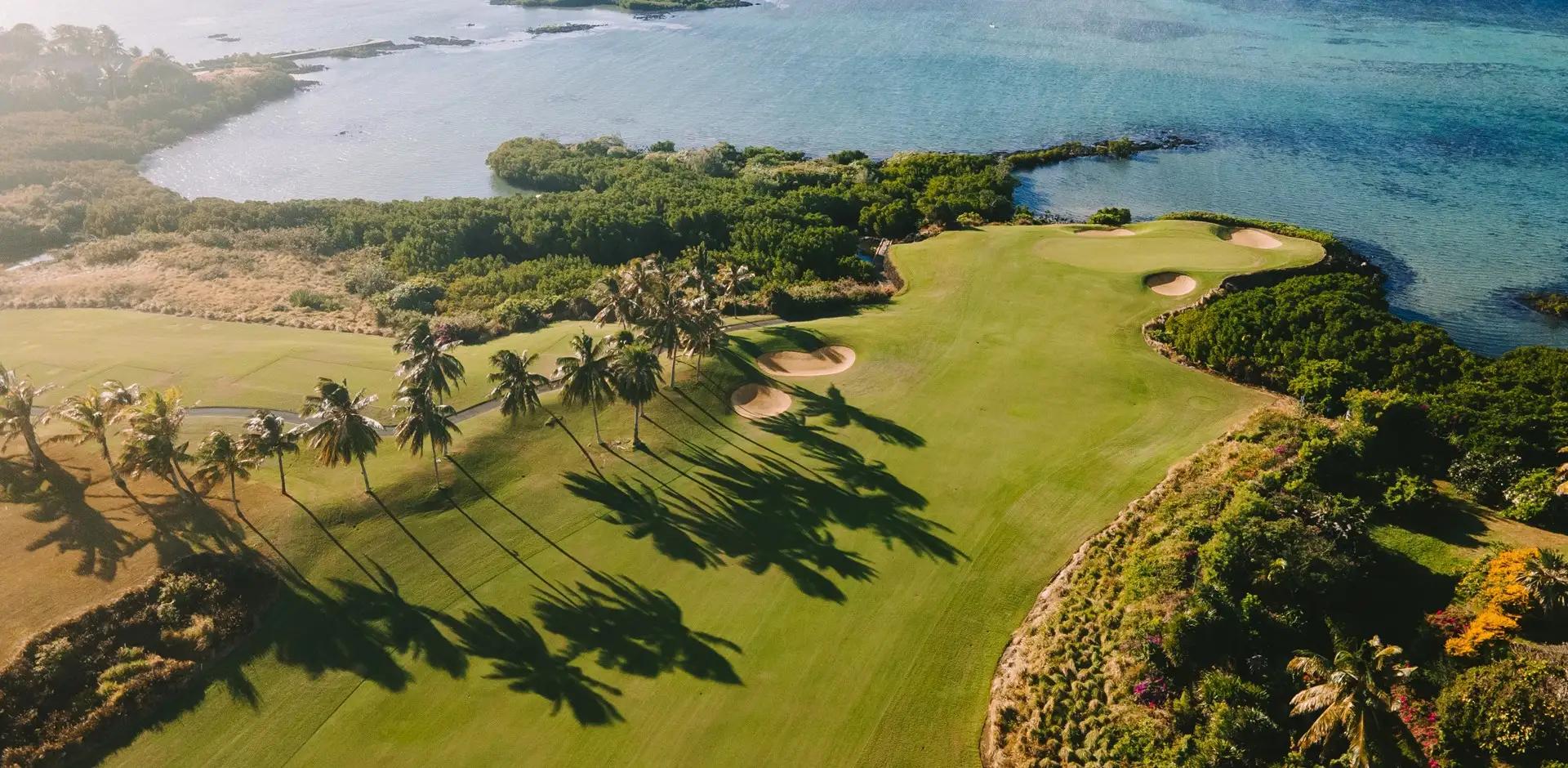 Overhead view of a well maintained fairway at Shangri La Touessrok