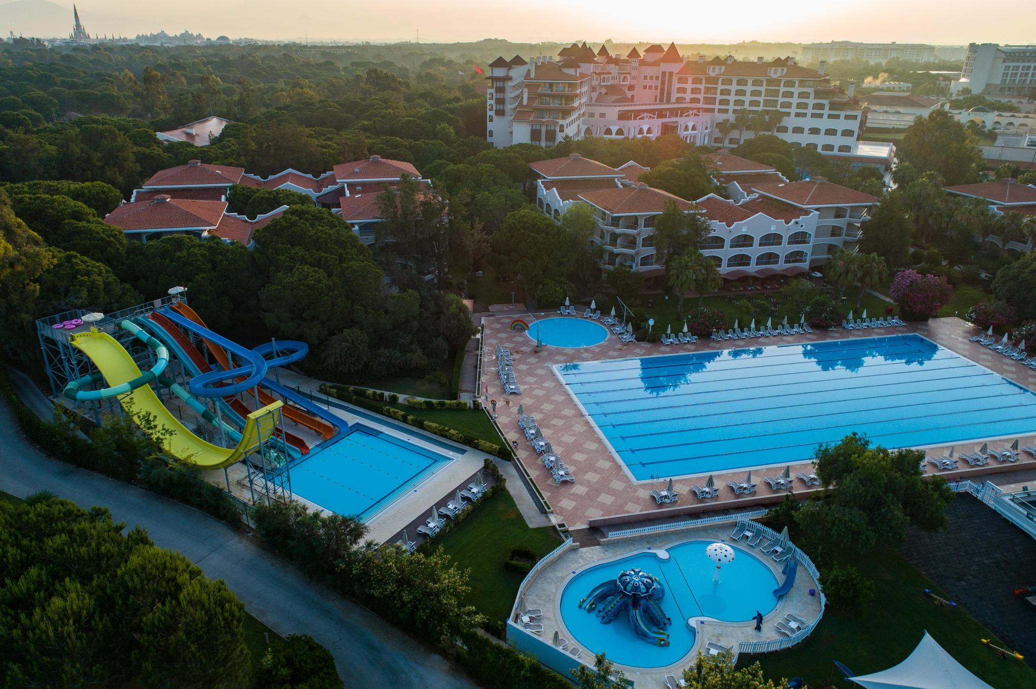 Overhead view of the outdoor swimming pools at Sirene Belek Golf & Wellness Hotel Turkey