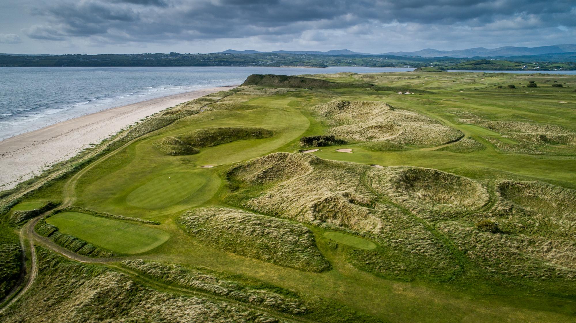 Overhead view of well maintained coastal fairways at Donegal Golf Club