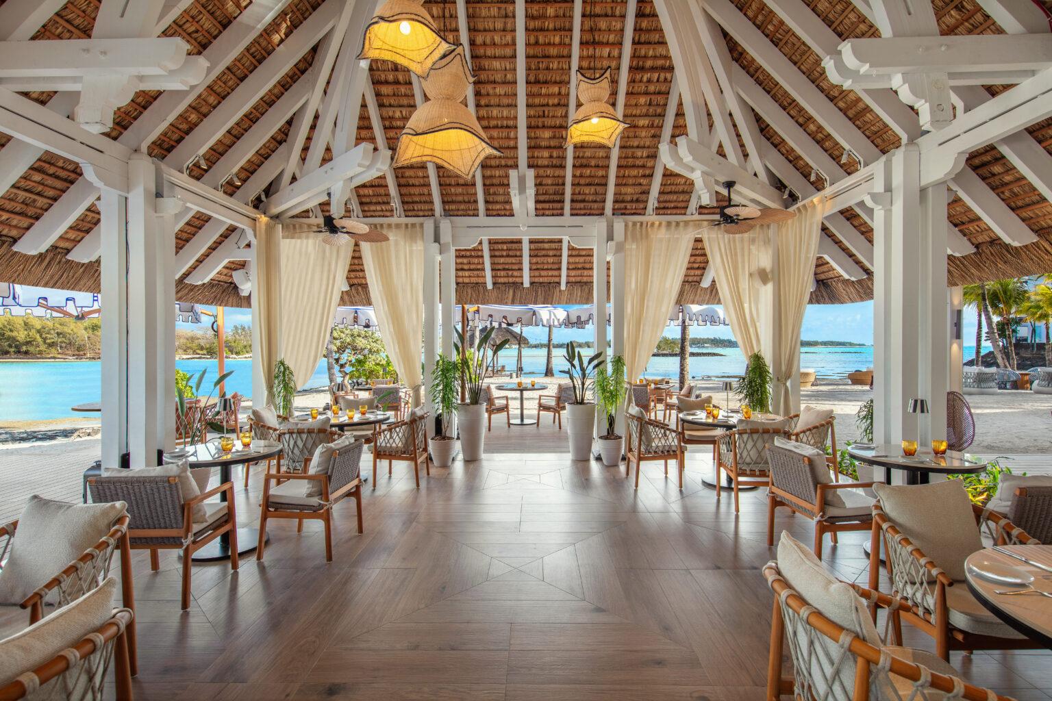 Dining area at the Shangri La Touessrok with views of the ocean