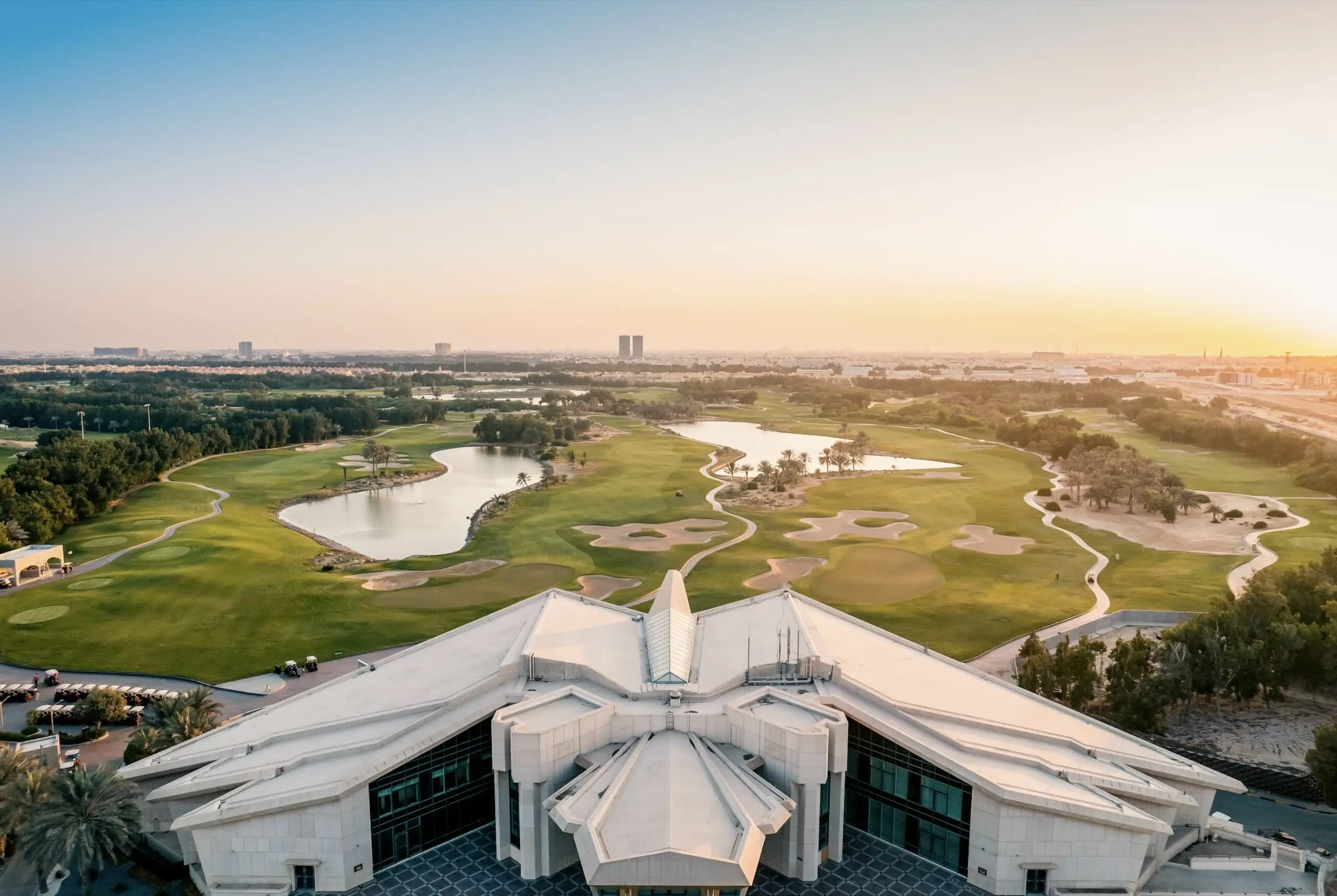 Overhead view of the VOGO Abu Dhabi Golf Resort & Spa course and clubhouse