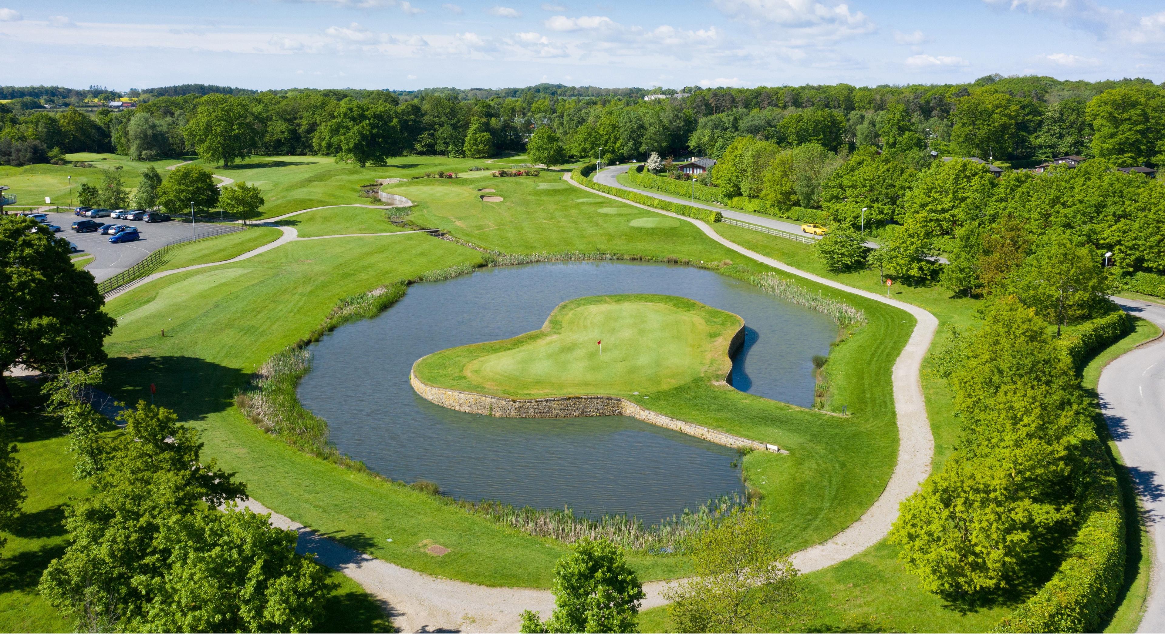 Overhead view of an island green on the Rudding Park Hotel & Golf Club course