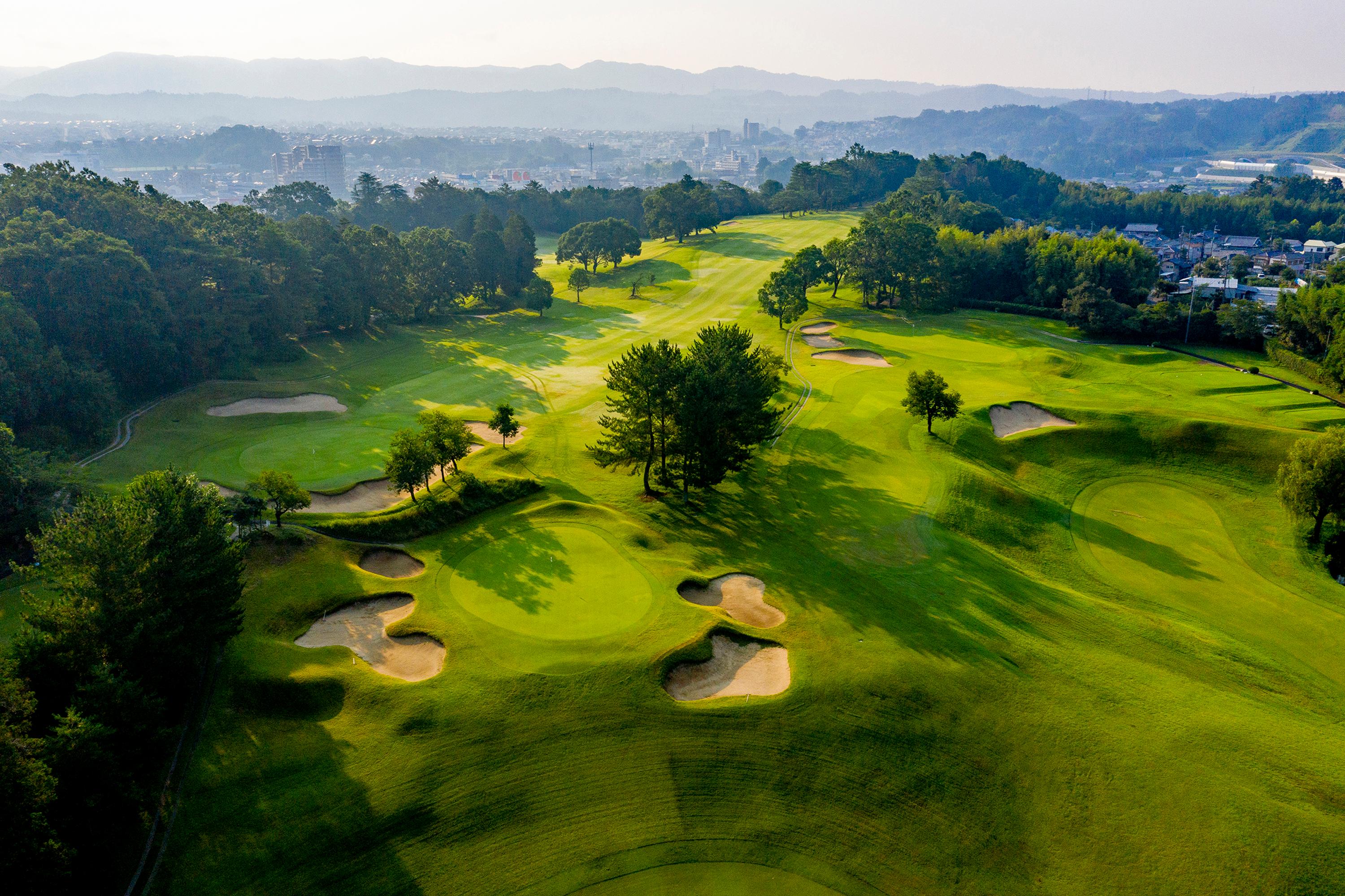 Overhead view of a smooth green surrounded by sand bunkers
