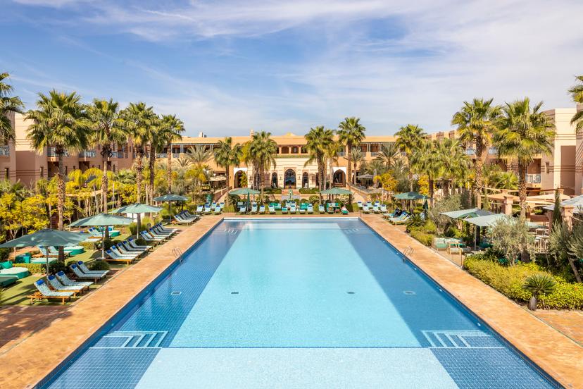 Overhead view of the outdoor swimming pool at Jaal Riad Resort